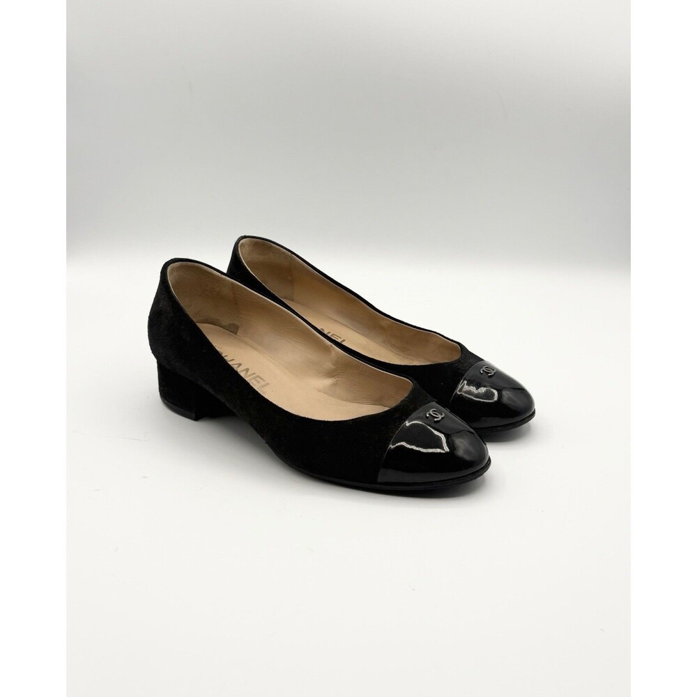 Chanel Black Suede Low Block Heels w CC Logo Cap Toe Accent Size EU 36